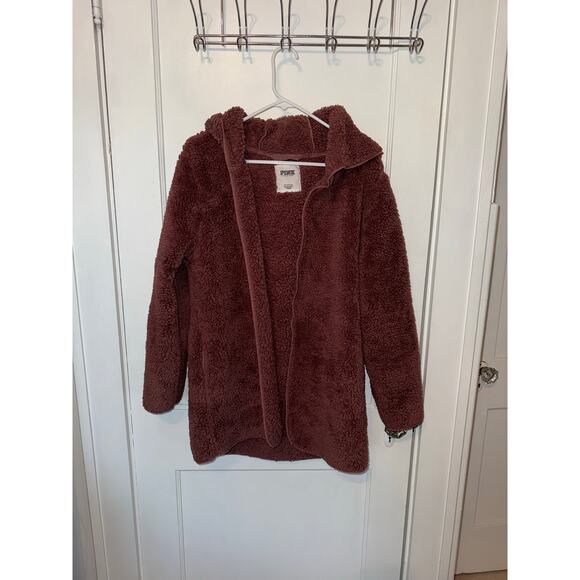 VS PINK Fuzzy Sherpa Hooded Teddy Cardigan Mauve size XS/S - Picture 1 of 7